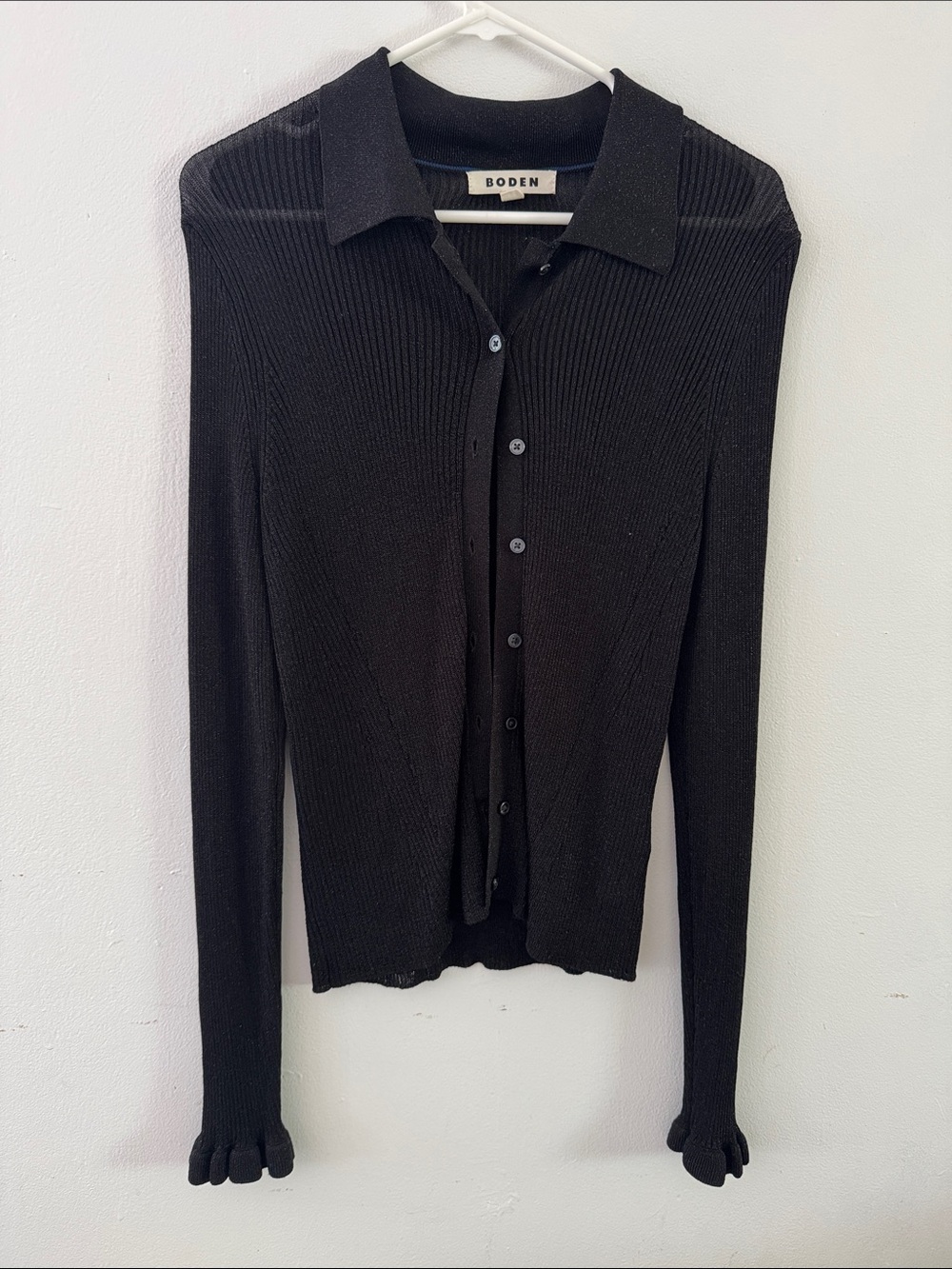 Boden Black Glitter Ribbed Collared Button Cardigan Sz L